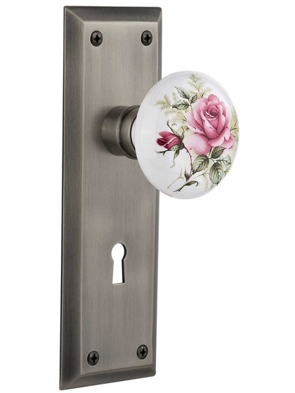 New York Style Door Set with Rose Porcelain Knobs in Antique Pewter.